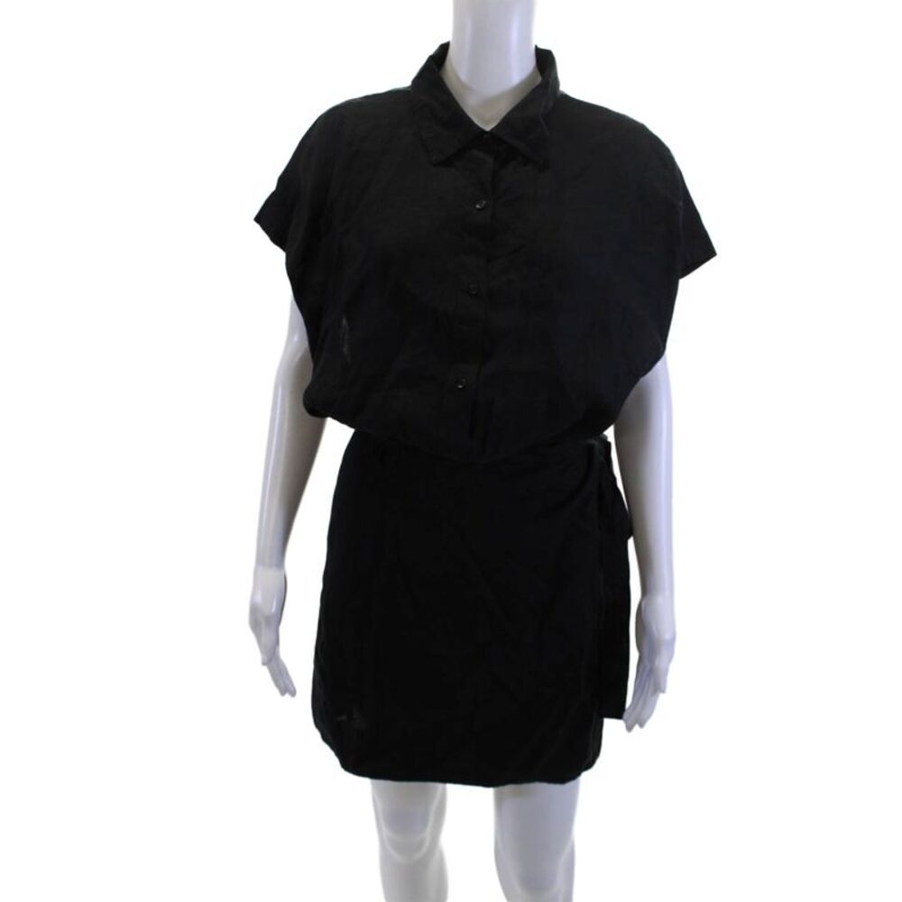 A Piece Apart Womens Black Linen Shirt Dress Button Short Sleeve Size L